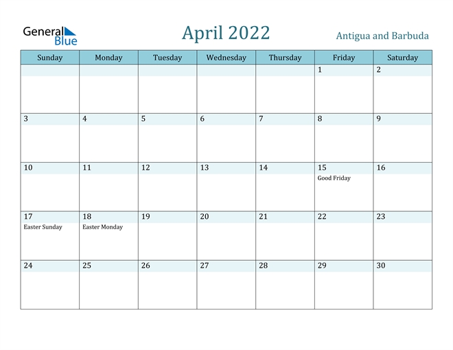 April 2022 Calendar - Antigua And Barbuda