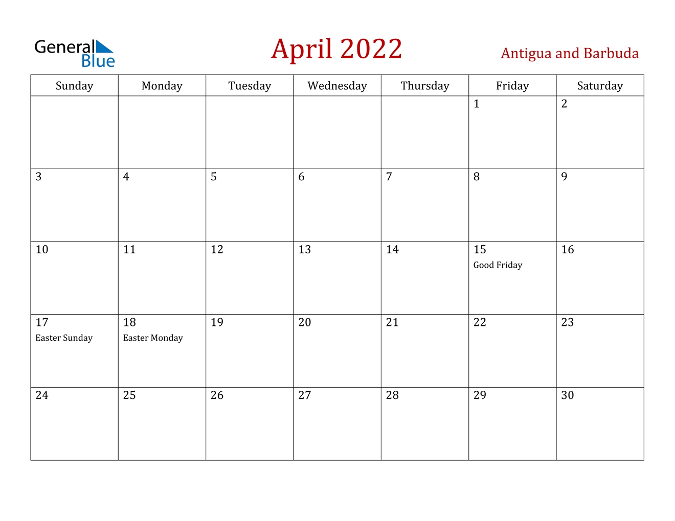 April 2022 Calendar - Antigua And Barbuda