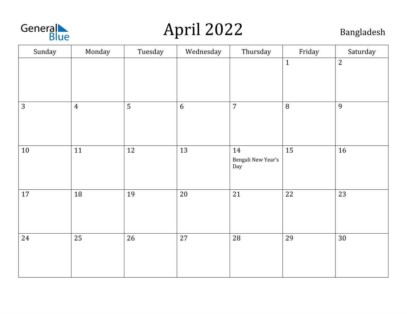 April 2022 Calendar - Bangladesh