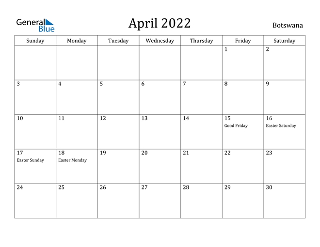 April 2022 Calendar - Botswana