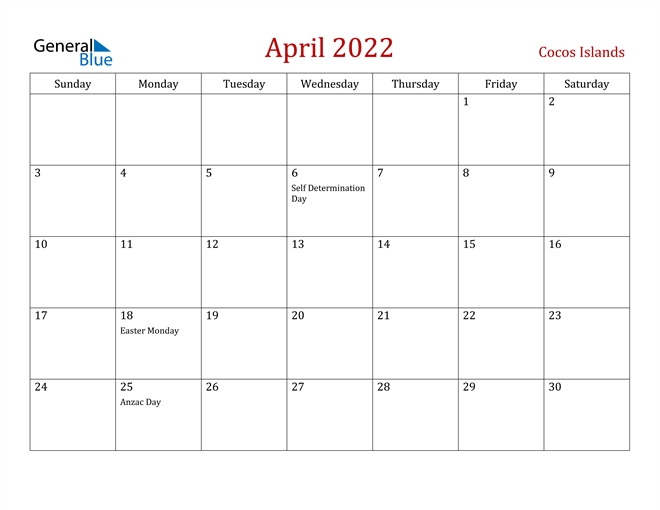April 2022 Calendar - Cocos Islands