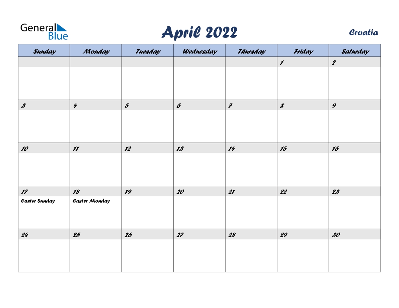 April 2022 Calendar - Croatia