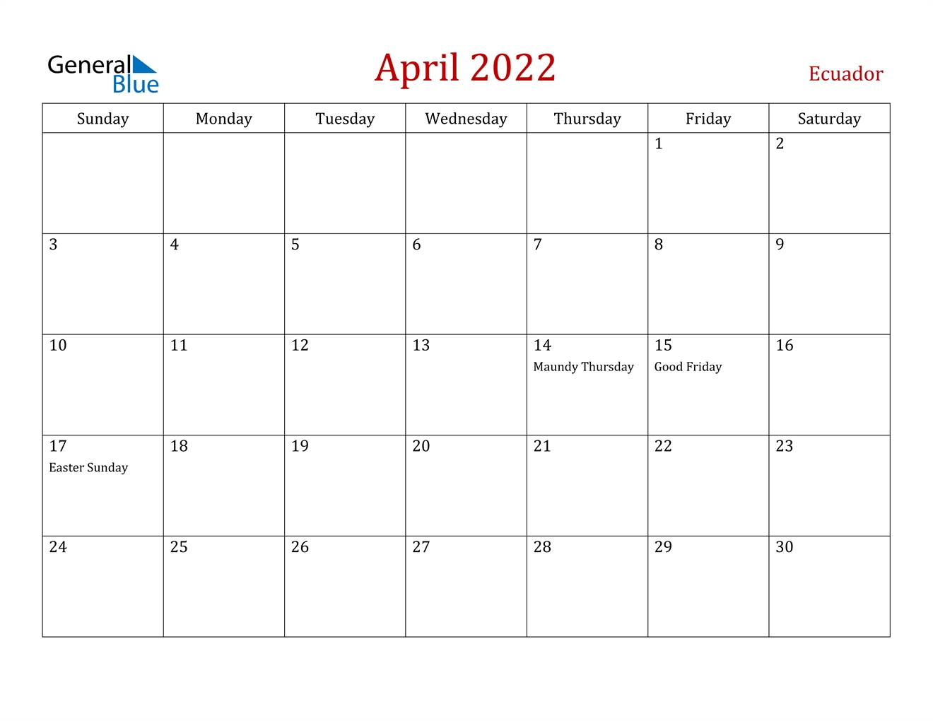 April 2022 Calendar - Ecuador