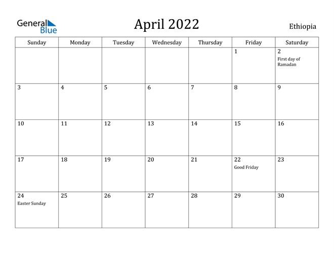 April 2022 Calendar - Ethiopia