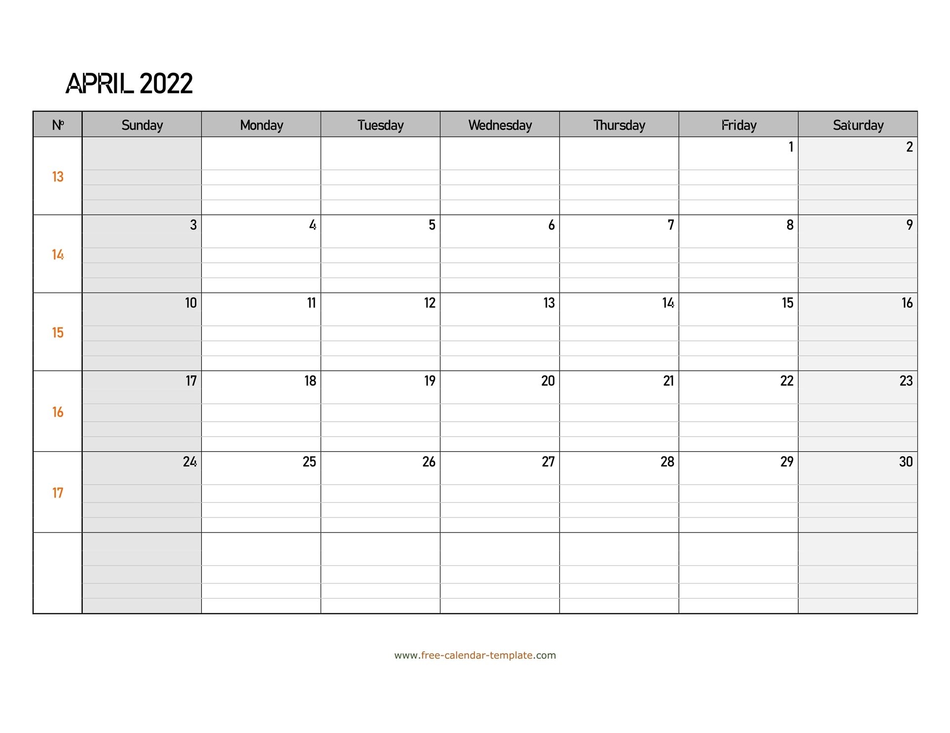 April 2022 Calendar Free Printable With Grid Lines