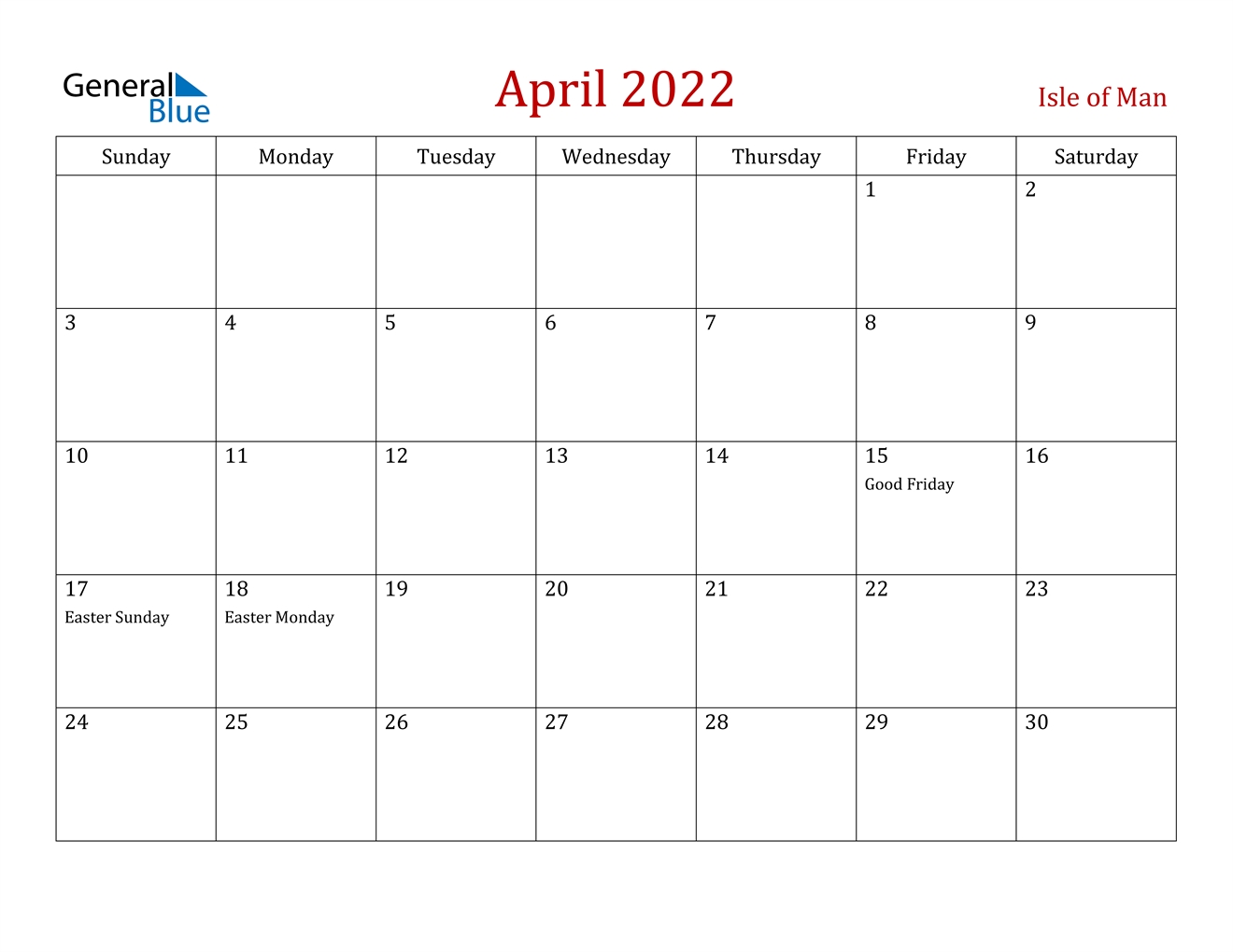April 2022 Calendar - Isle Of Man
