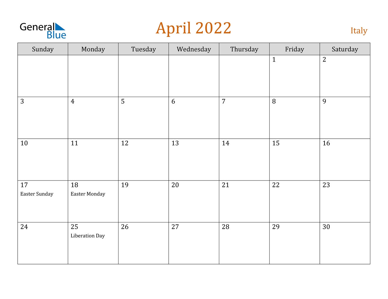 April 2022 Calendar - Italy