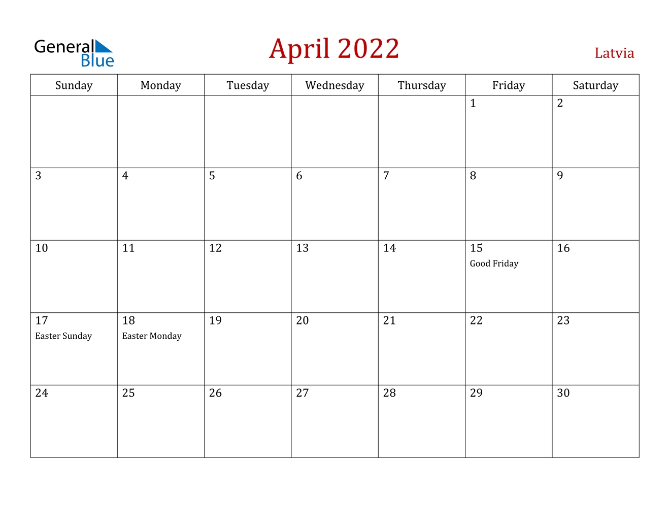 April 2022 Calendar - Latvia