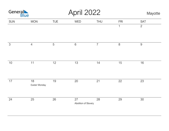 April 2022 Calendar - Mayotte