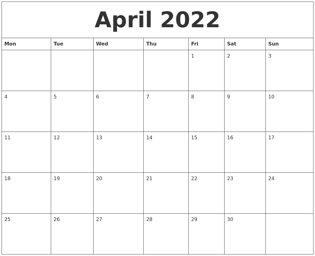 April 2022 Calendar Monthly