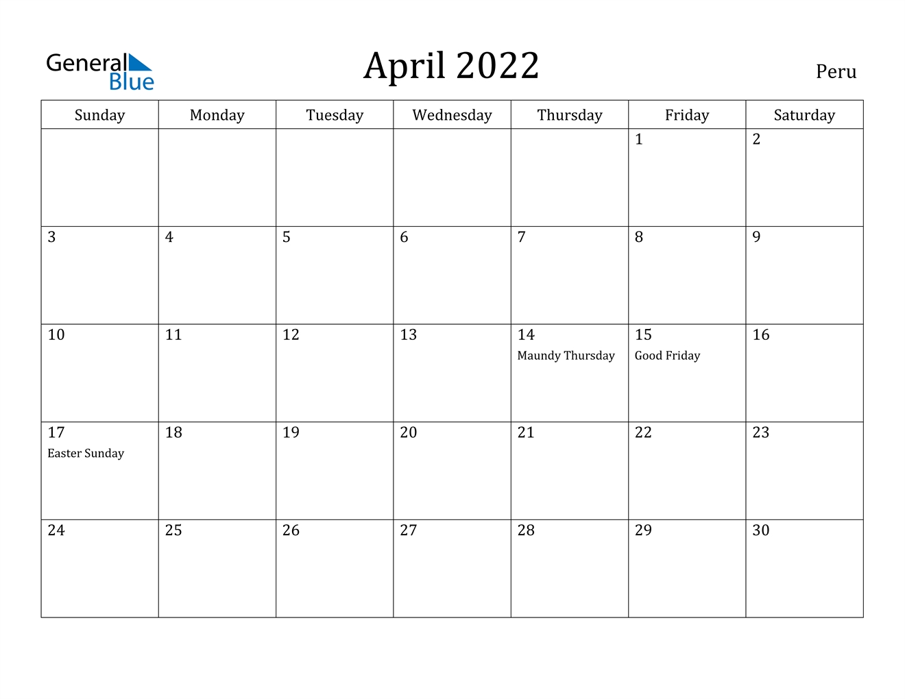 April 2022 Calendar - Peru