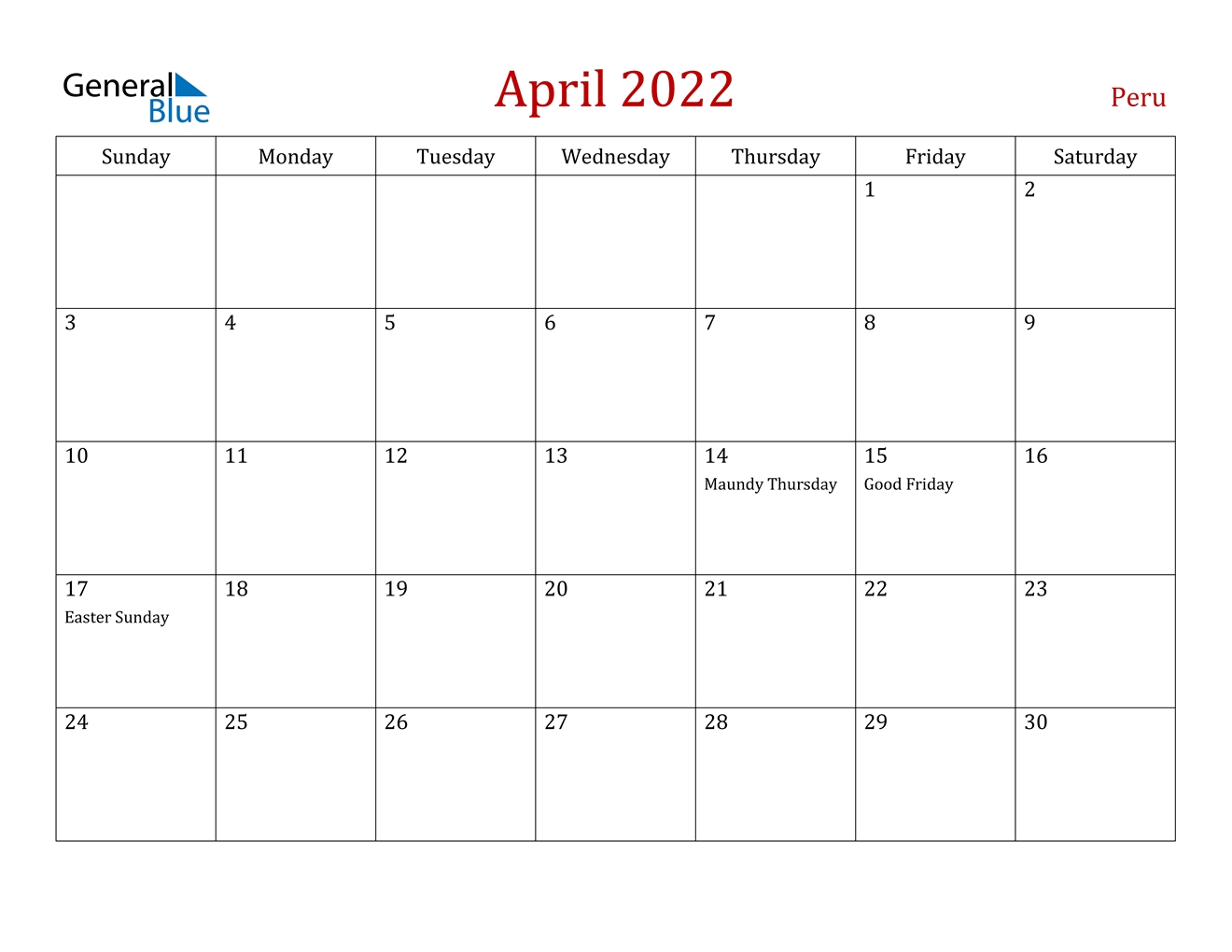 April 2022 Calendar - Peru