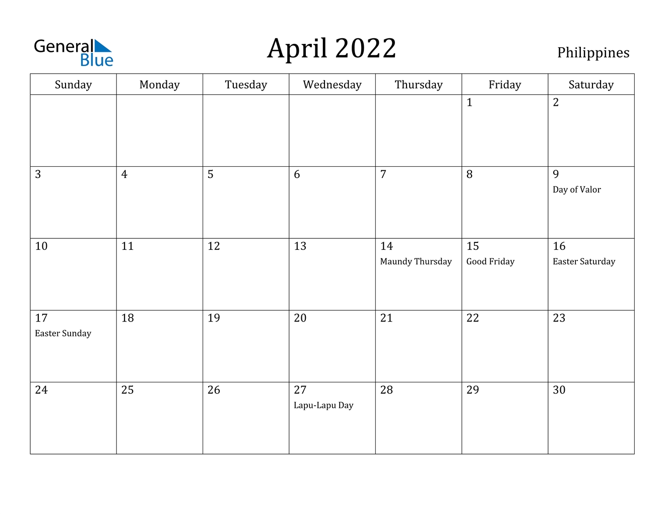 April 2022 Calendar - Philippines