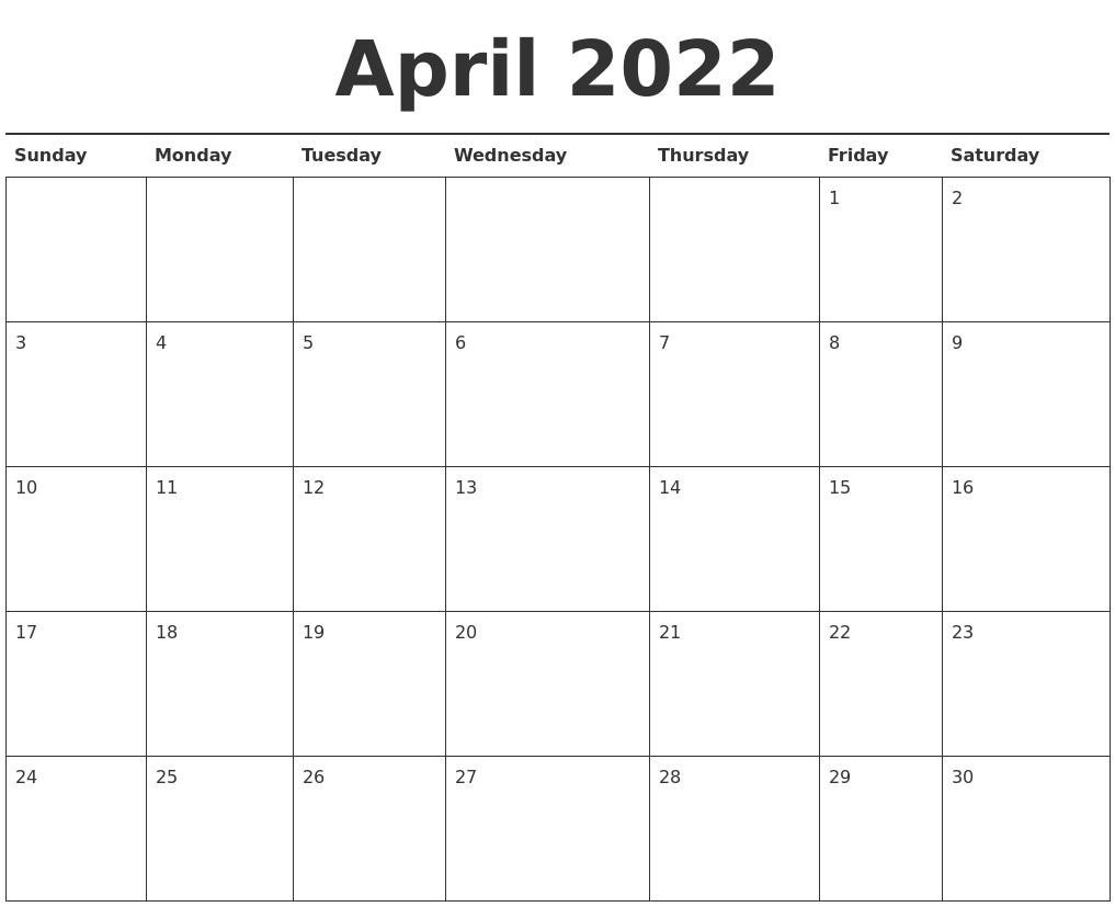 April 2022 Calendar Printable