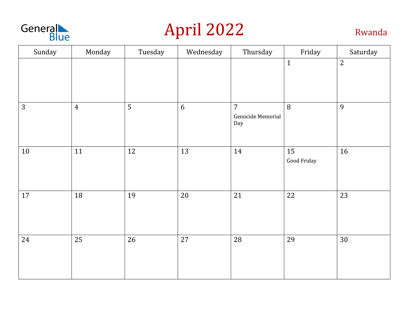 April 2022 Calendar - Rwanda