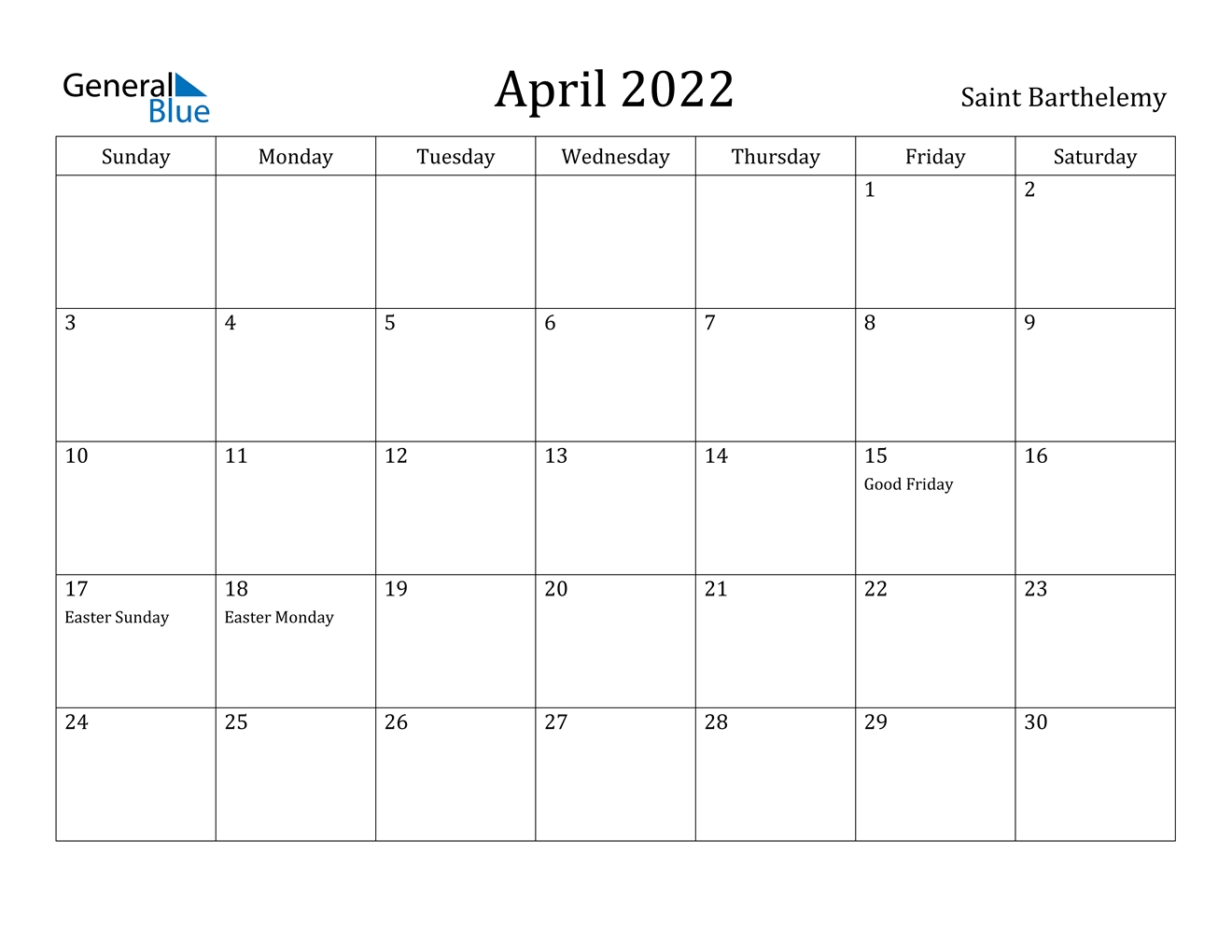 April 2022 Calendar - Saint Barthelemy