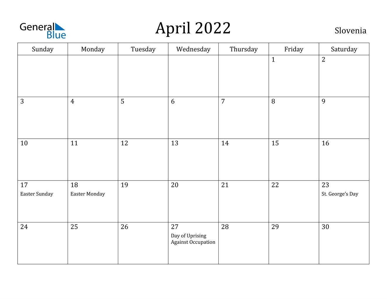 April 2022 Calendar - Slovenia