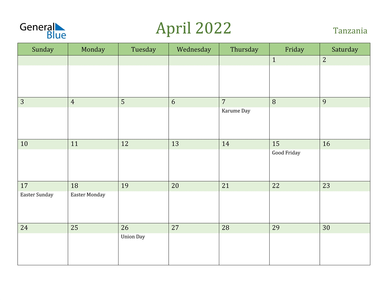 April 2022 Calendar - Tanzania