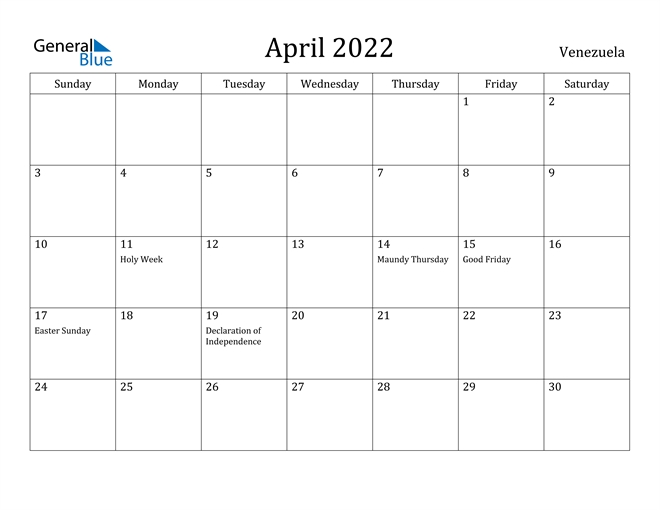 April 2022 Calendar - Venezuela