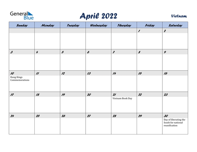 April 2022 Calendar - Vietnam