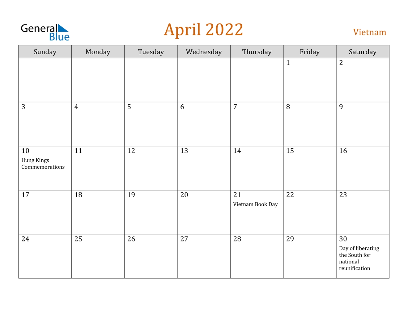 April 2022 Calendar - Vietnam