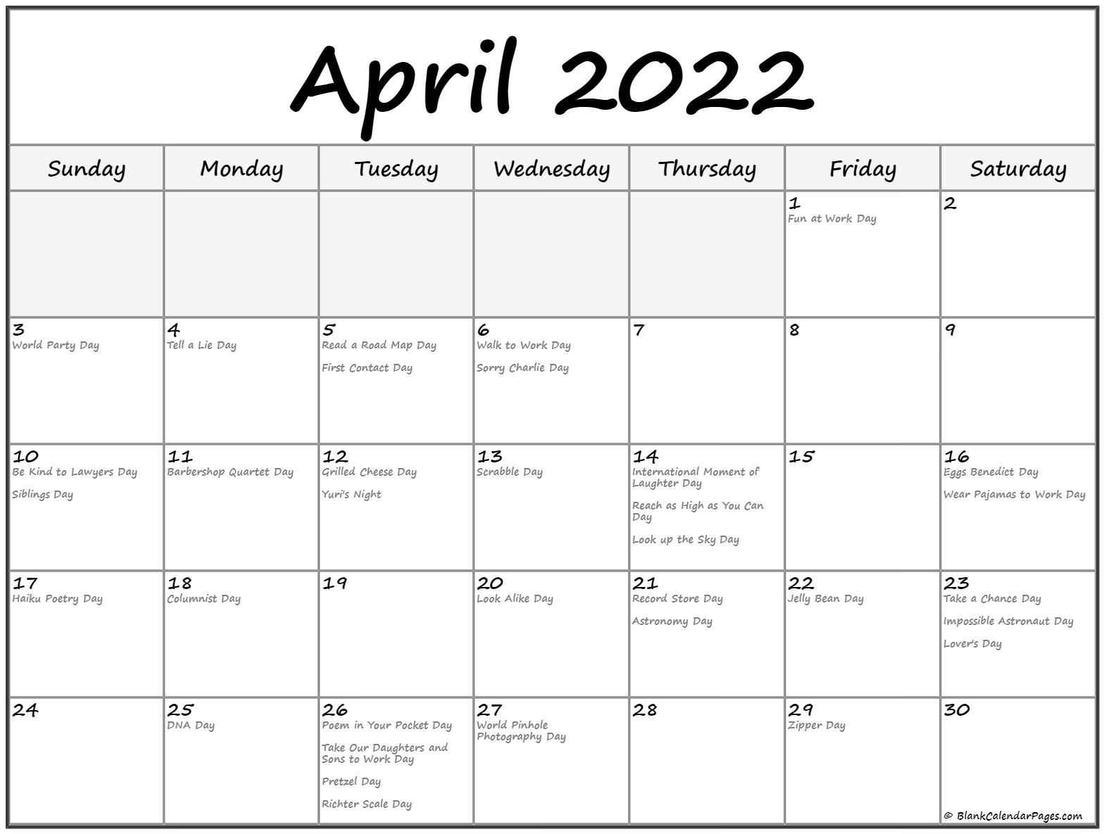 Holiday Calendar For Pril 2022 April Calendar 2022 Gambaran