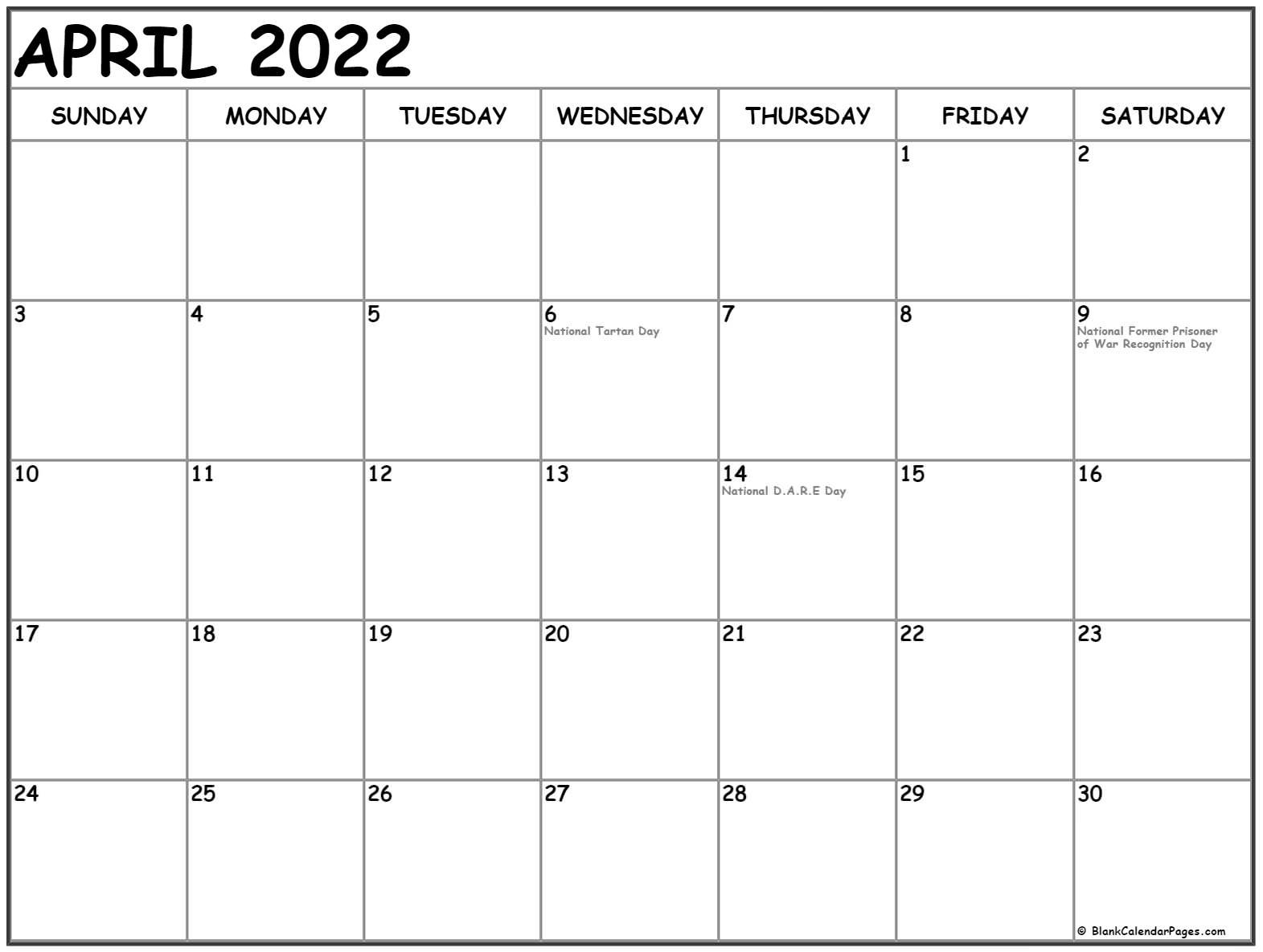 April 2022 Calendar With Holidays