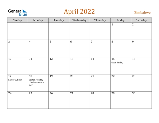 April 2022 Calendar - Zimbabwe