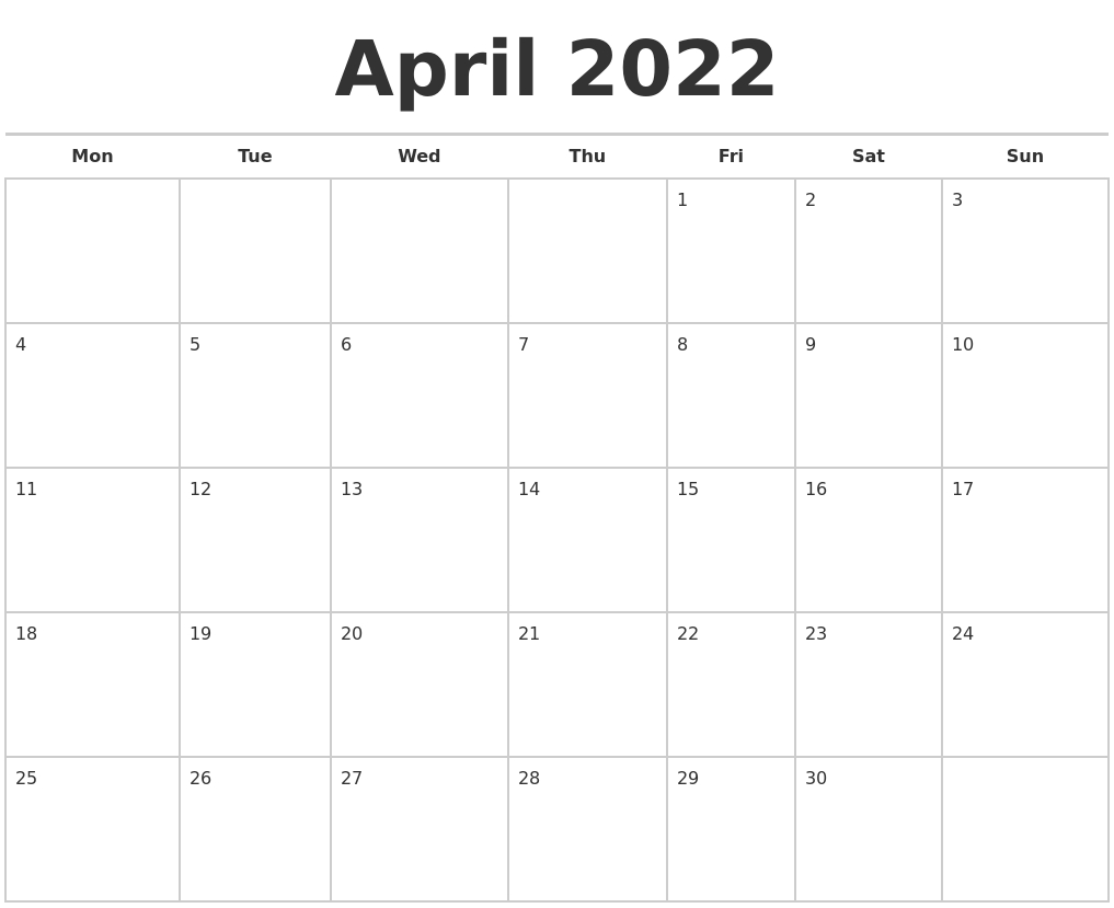 blank calendar april 2022