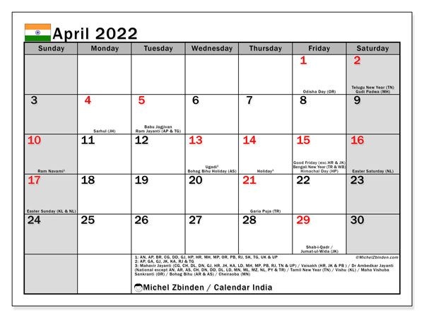 April 2022 Calendars &quot;Public Holidays&quot; - Michel Zbinden En