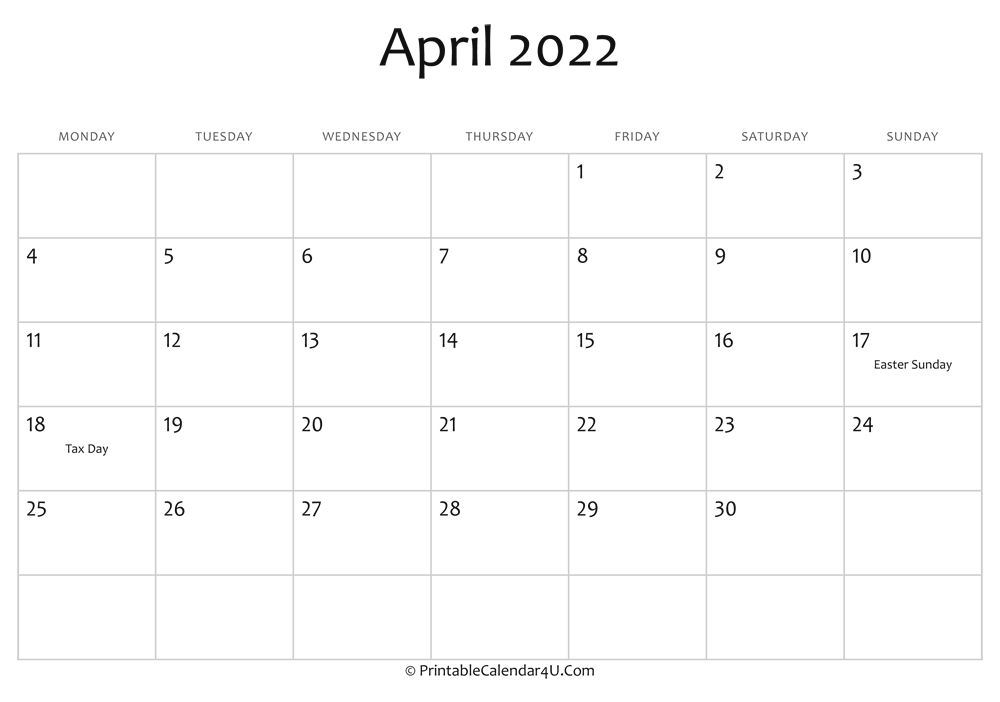 April 2022 Editable Calendar With Holidays