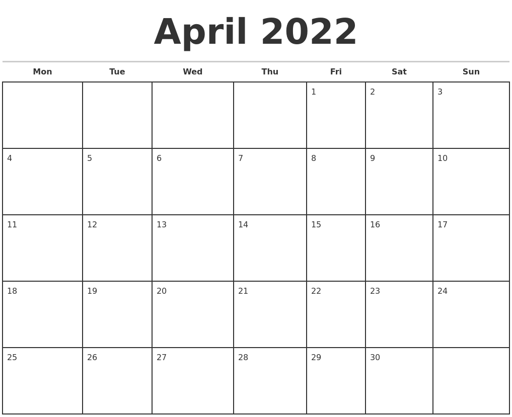 April 2022 Monthly Calendar Template