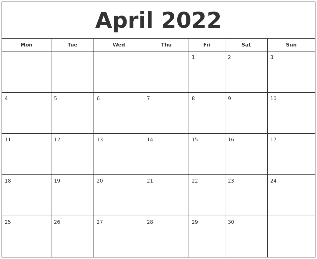 April 2022 Print Free Calendar