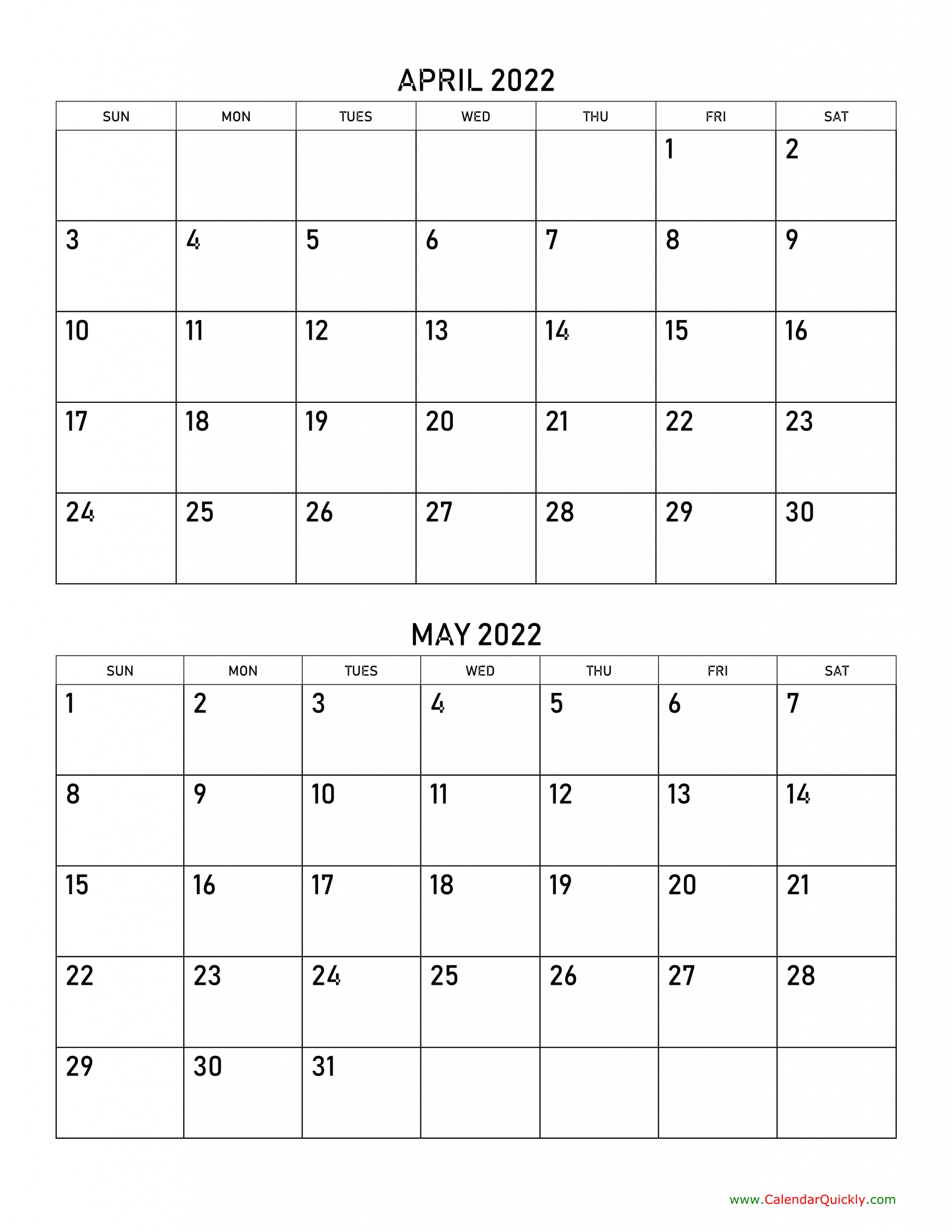 April And May 2022 Calendar | Calendar Quickly
