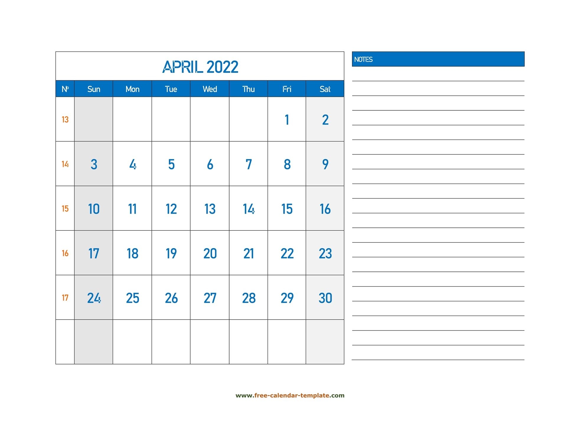April Calendar 2022 Grid Lines For Holidays And Notes