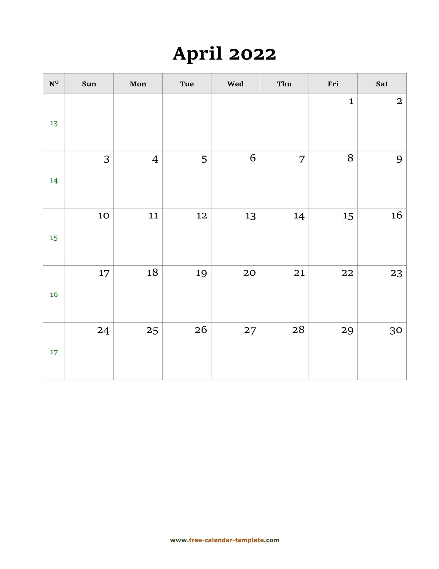 April Calendar 2022 Simple Design With Large Box On Each