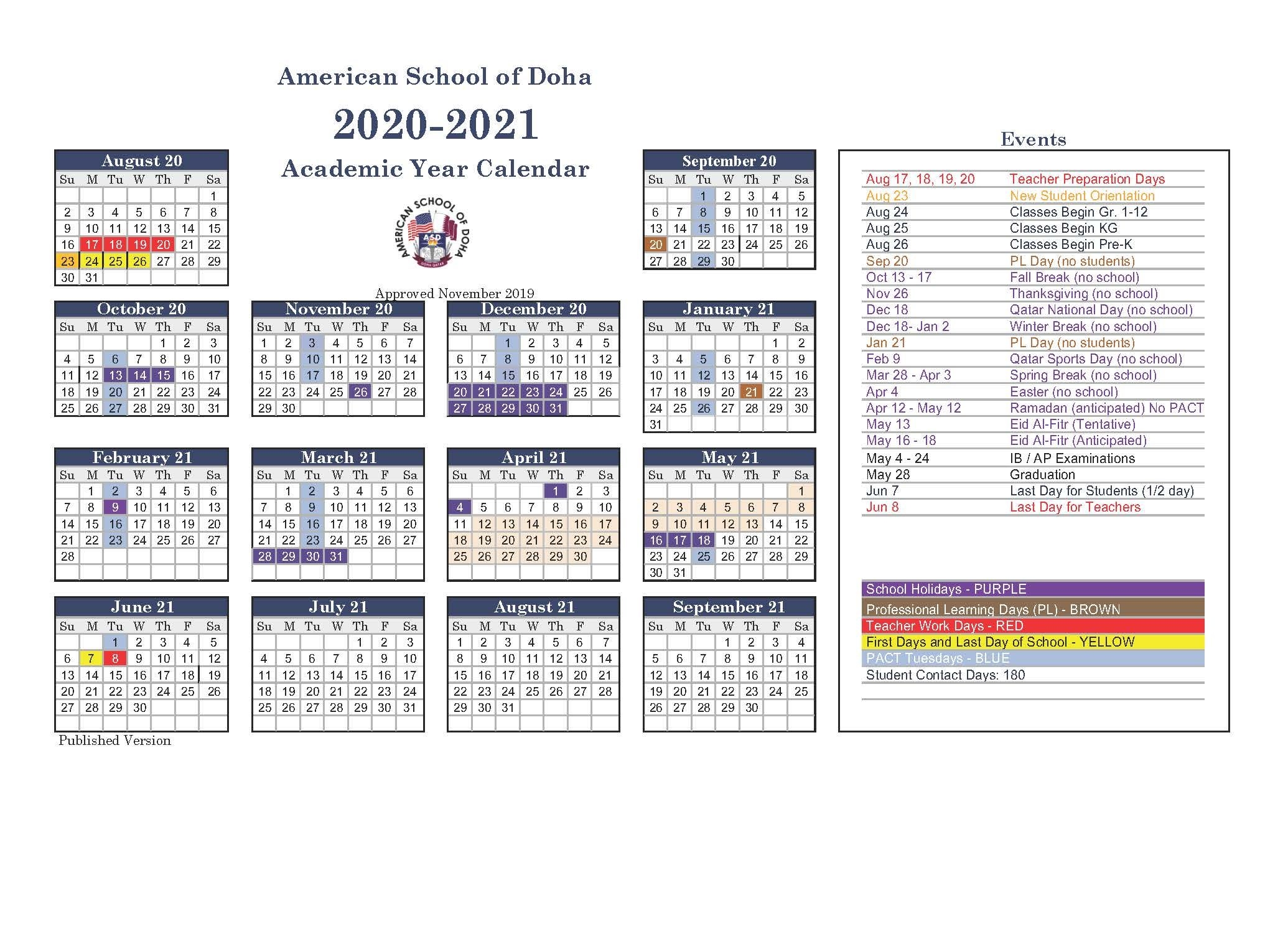 Asd Calendar 2020-2021 - American School Of Doha