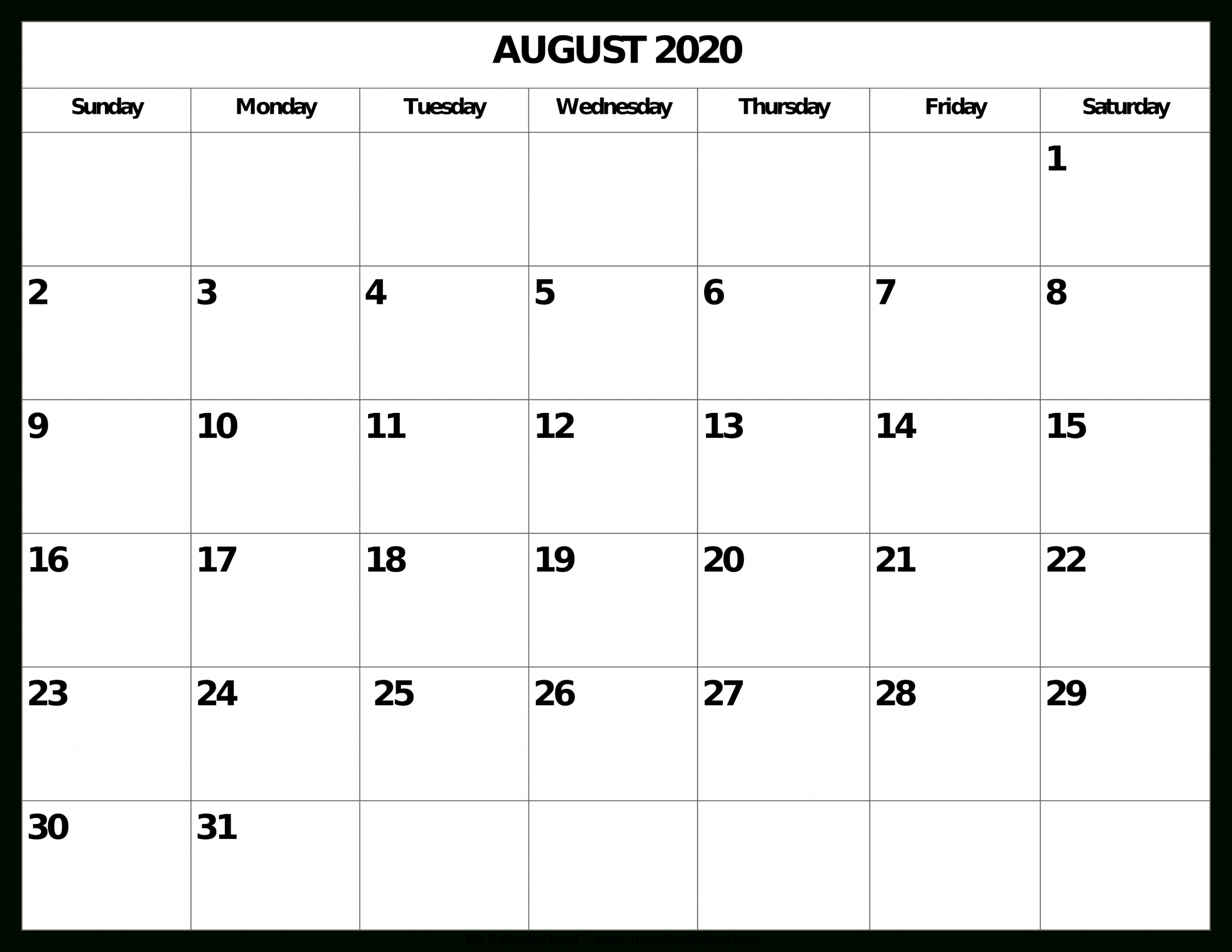 August 2020 Calendar - My Calendar Land