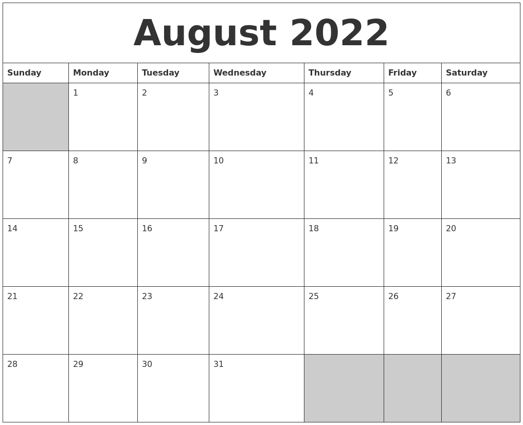 August 2022 Blank Printable Calendar