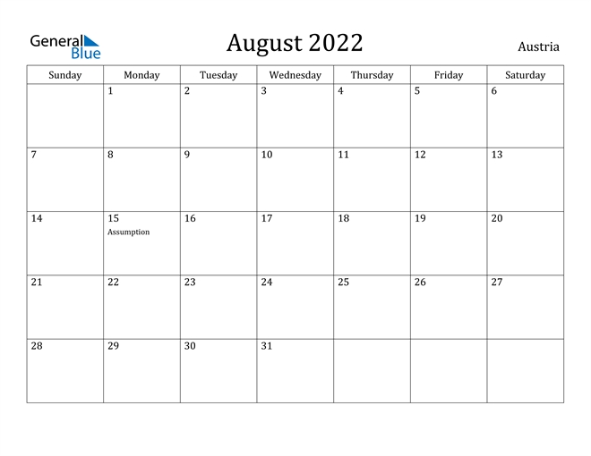 August 2022 Calendar - Austria