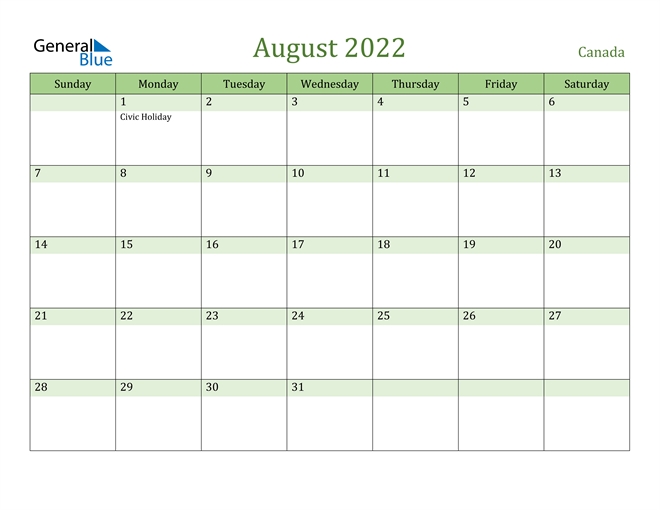 August 2022 Calendar - Canada