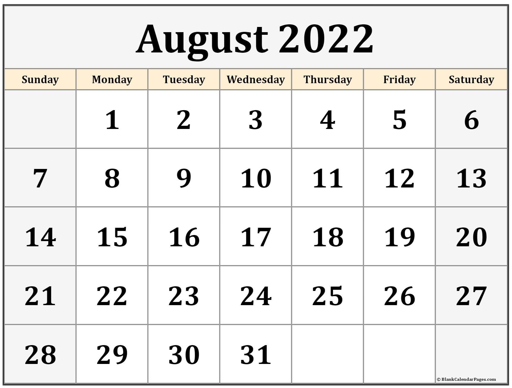 August 2022 Calendar | Free Printable Calendar Templates