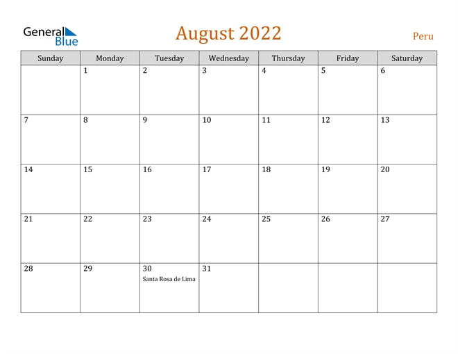 August 2022 Calendar - Peru