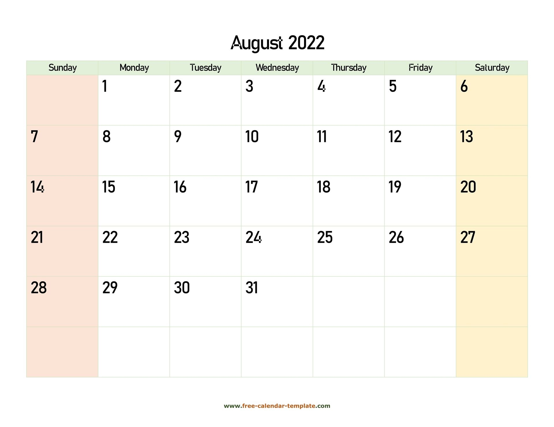 August 2022 Calendar Printable With Coloring On Weekend