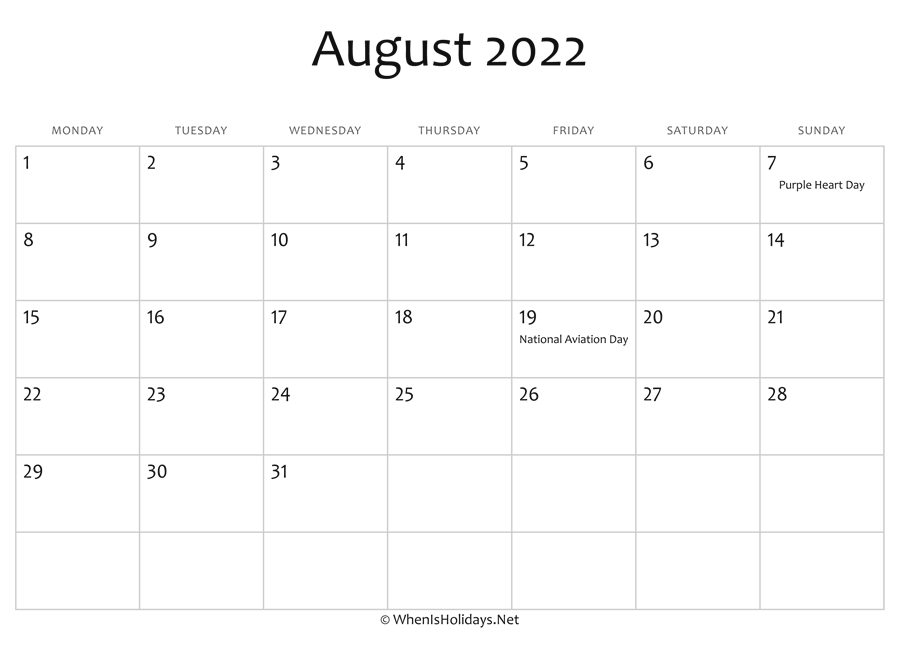 August 2022 Calendar Printable With Holidays