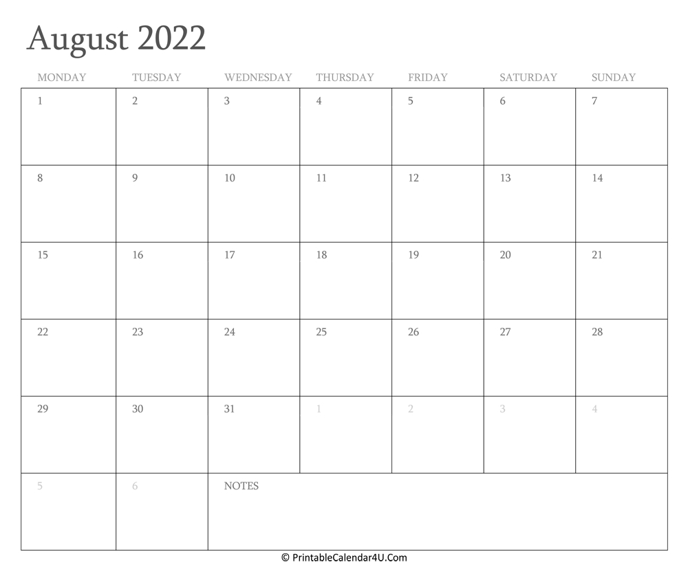 August 2022 Calendar Printable With Holidays