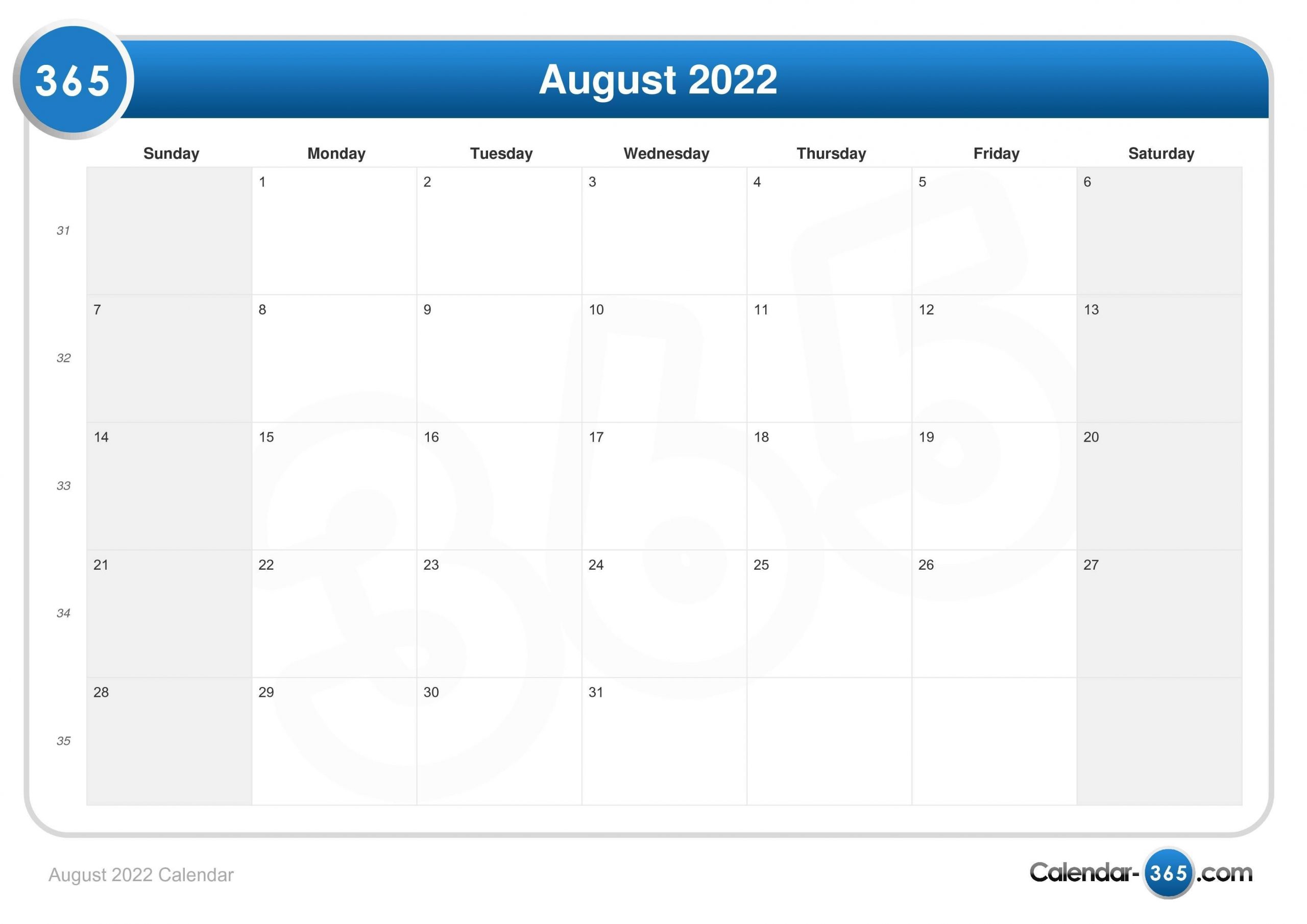 August 2022 Calendar