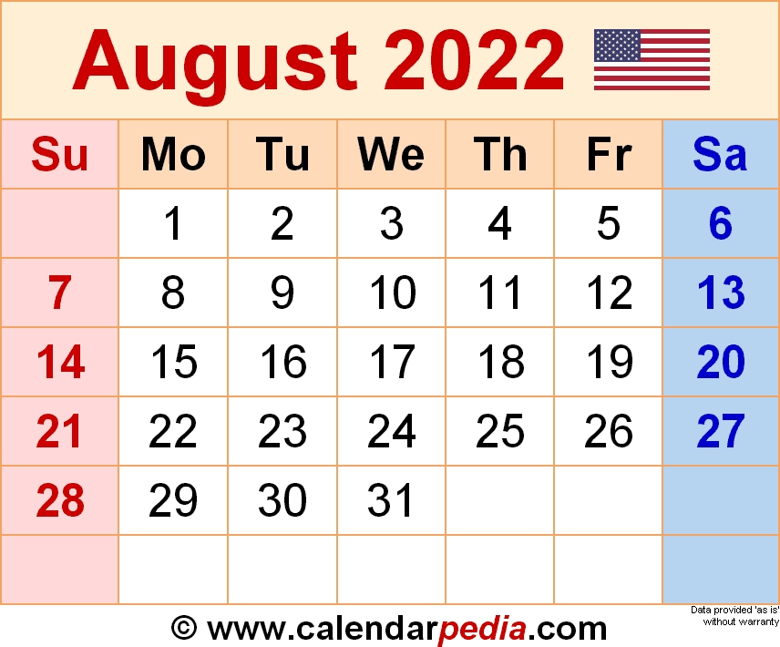 August 2022 - Calendar Templates For Word, Excel And Pdf