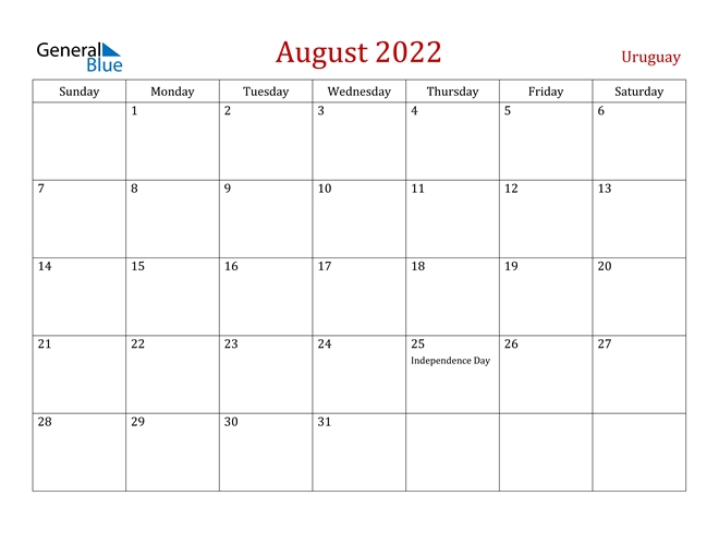 August 2022 Calendar - Uruguay