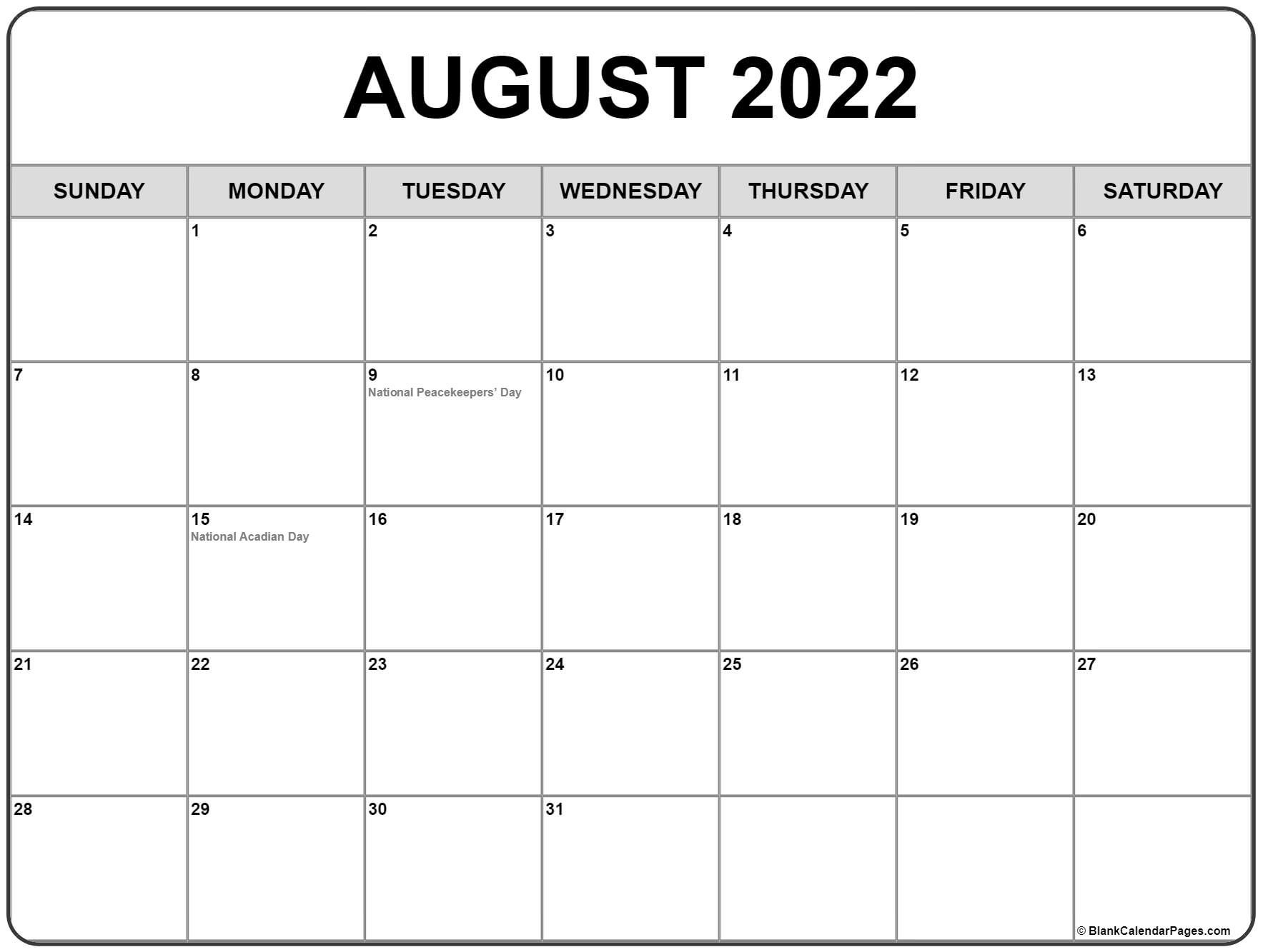 August 2022 Calendar With Holidays